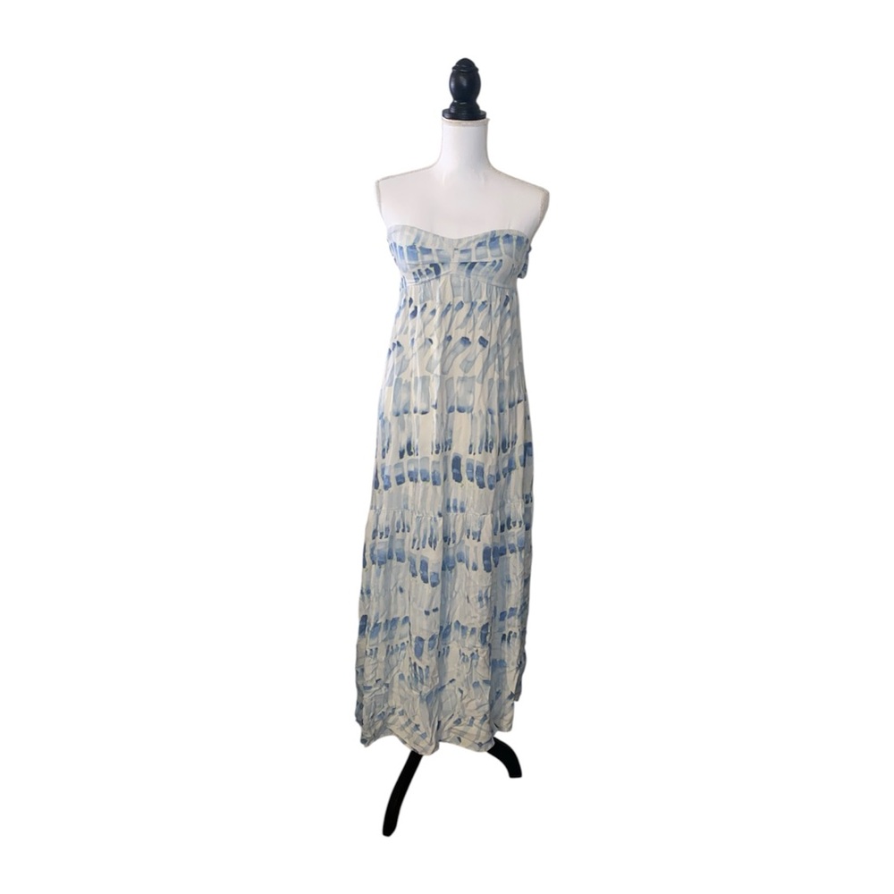 Vestique Boho Coastal Maxi Dress Abstract Size Small Flaw Blue White Beachy